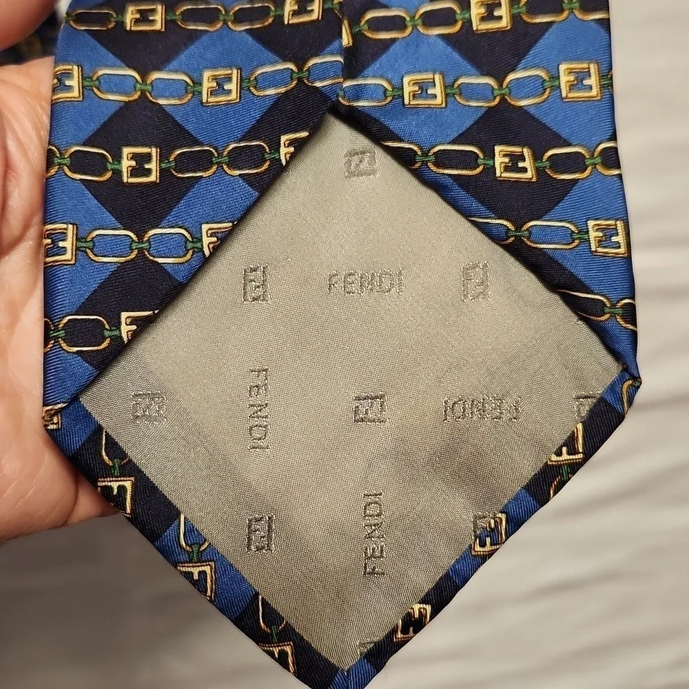 Fendi tan chain and blue/navy Dimond shape silk neck tie